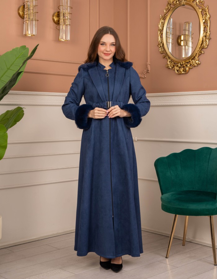 Velvet Suede Trench Coat with Faux Fur Lining, Code 1368 - deep blue