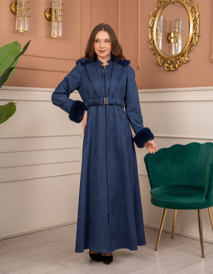 Velvet Suede Trench Coat with Faux Fur Lining, Code 1368 - deep blue