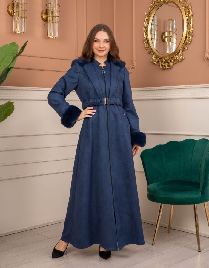 Velvet Suede Trench Coat with Faux Fur Lining, Code 1368 - deep blue