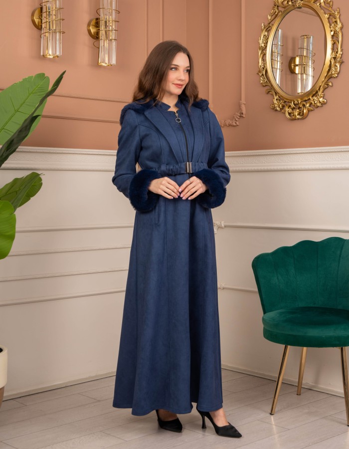 Velvet Suede Trench Coat with Faux Fur Lining, Code 1368 - deep blue