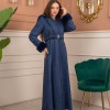 Velvet Suede Trench Coat with Faux Fur Lining, Code 1368 - deep blue