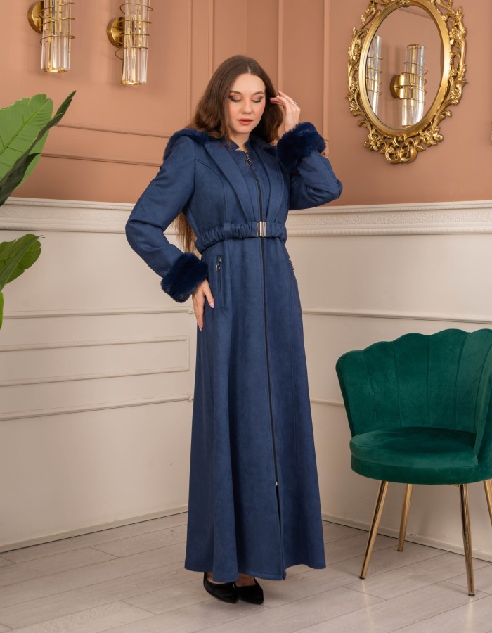 Velvet Suede Trench Coat with Faux Fur Lining, Code 1368 - deep blue