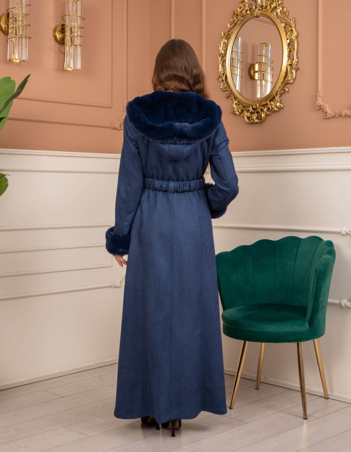 Velvet Suede Trench Coat with Faux Fur Lining, Code 1368 - deep blue