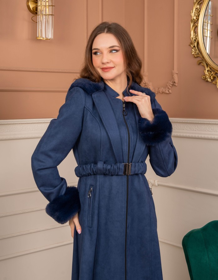 Velvet Suede Trench Coat with Faux Fur Lining, Code 1368 - deep blue