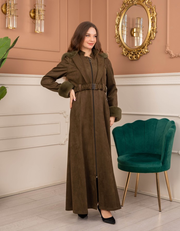Velvet Suede Trench Coat with Faux Fur Lining, Code 1368 - Khaki
