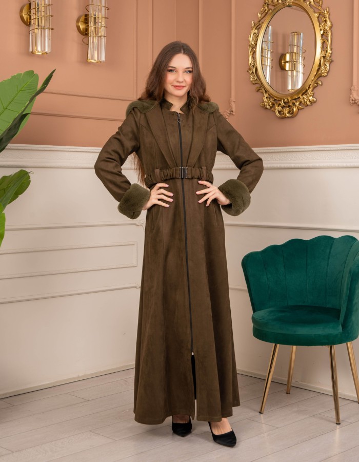 Velvet Suede Trench Coat with Faux Fur Lining, Code 1368 - Khaki