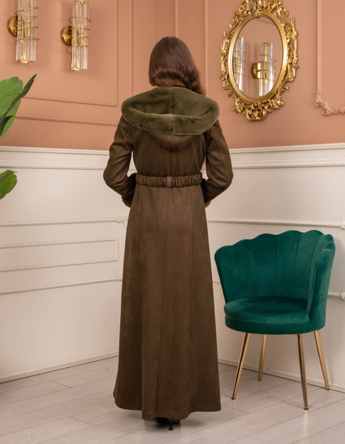 Velvet Suede Trench Coat with Faux Fur Lining, Code 1368 - Khaki