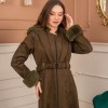 Velvet Suede Trench Coat with Faux Fur Lining, Code 1368 - Khaki