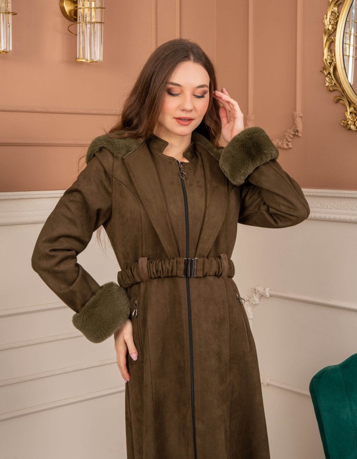 Velvet Suede Trench Coat with Faux Fur Lining, Code 1368 - Khaki