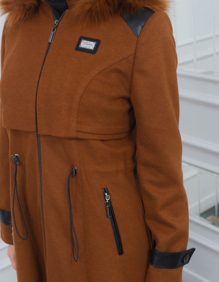 Modamix Hooded Zippered Stylish Womens Coat 1300 - tan