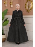 Langer Wollmantel mit Schrägkragen und Gürtel 1398  - Anthrazit