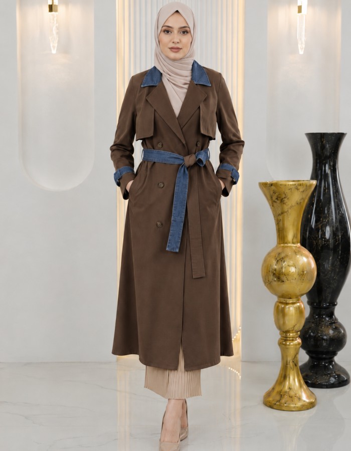1242 ترانشكوت كتان مع جينز ازرار  - brown