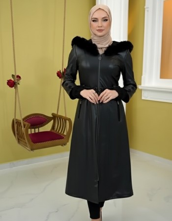 1379 Gepolsterter Trenchcoat aus Leder - Schwarz