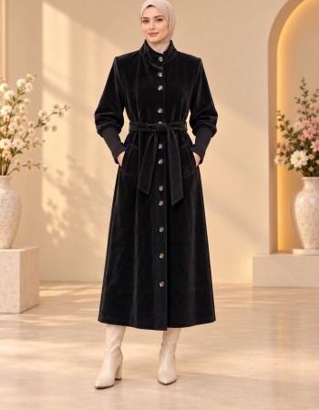 Gefütterter Winter-Trenchcoat in Ponyfell-Optik 1391 - Schwarz