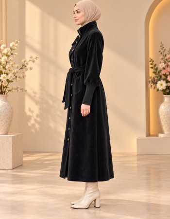 Gefütterter Winter-Trenchcoat in Ponyfell-Optik 1391 - Schwarz