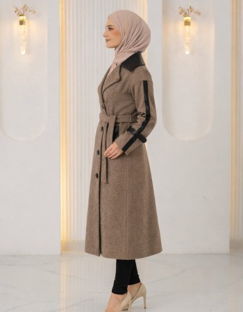 Trenchcoat aus texturiertem Stoff mit Leder-Details und Fellfutter 1394 - Mausgrau