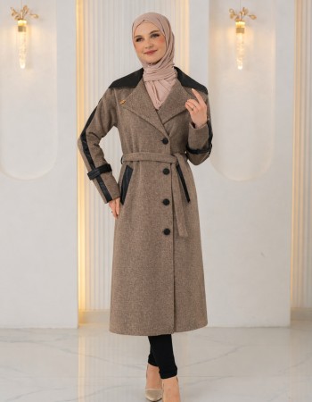 Trenchcoat aus texturiertem Stoff mit Leder-Details und Fellfutter 1394 - Mausgrau