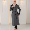 Trenchcoat aus texturiertem Stoff mit Leder-Details und Fellfutter 1394 - Grau