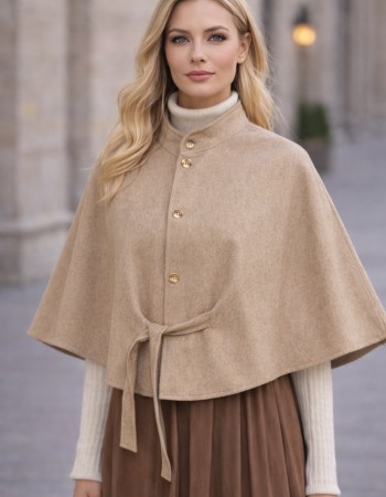 Damen Cape aus hochwertigem Flanell ohne Ärmel 1281 - Beige
