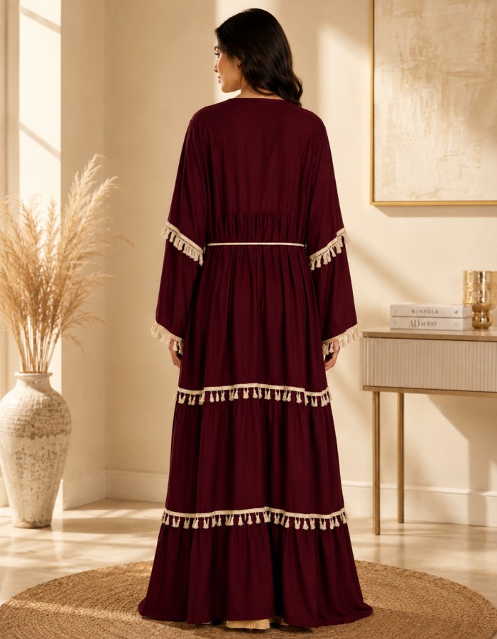 4064  فستان قطعتين شراشيب - burgundy