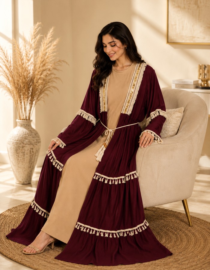 4064  فستان قطعتين شراشيب - burgundy