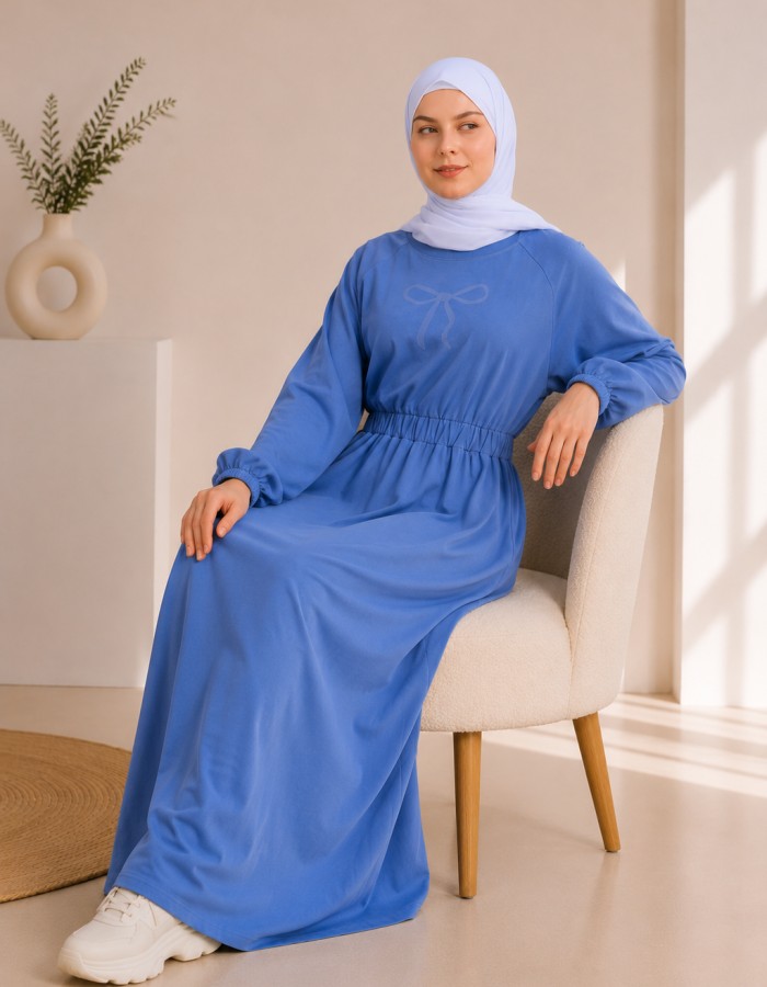 4069  فستان قطن ببيونة - Jeansfarbe