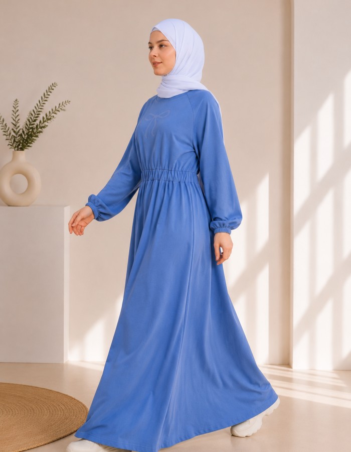 4069  فستان قطن ببيونة - Jeansfarbe