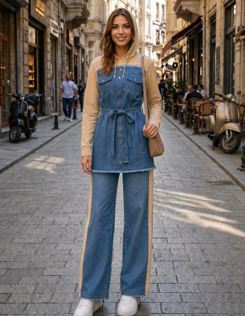 Casual Denim Set with Wide Cut 4310 - beige