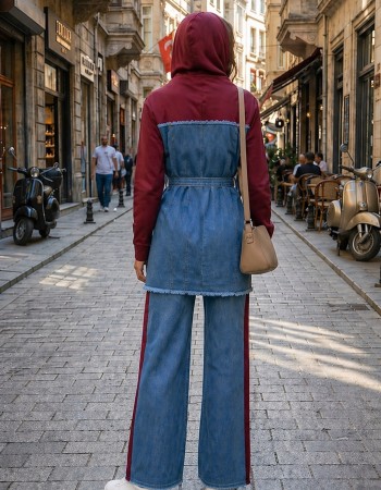 Casual Denim Set with Wide Cut 4310 - burgundy
