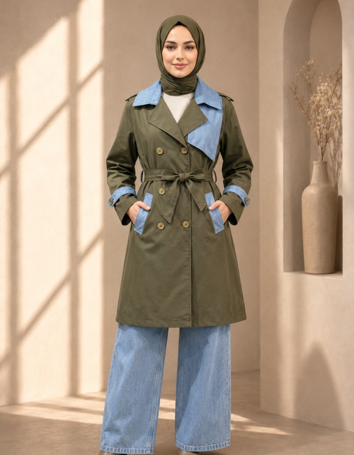4300 طقم كتان مع بنطلون جنز - Khaki