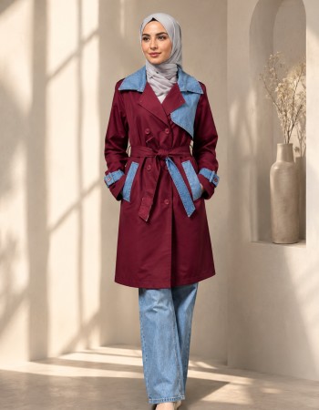 4300 طقم كتان مع بنطلون جنز - burgundy