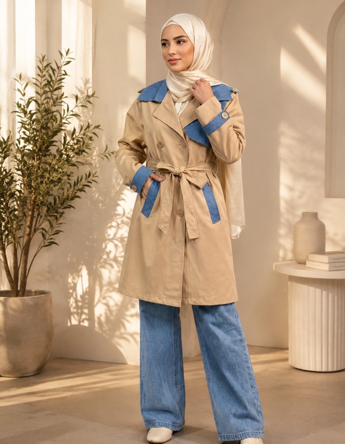 4300 طقم كتان مع بنطلون جنز - Beige