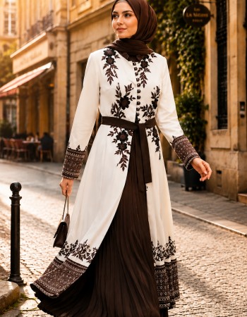 Luxurious Two-Piece Pleated Kaftan 4127 - brown