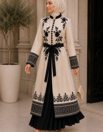 Luxurious Two-Piece Pleated Kaftan 4127 - beige