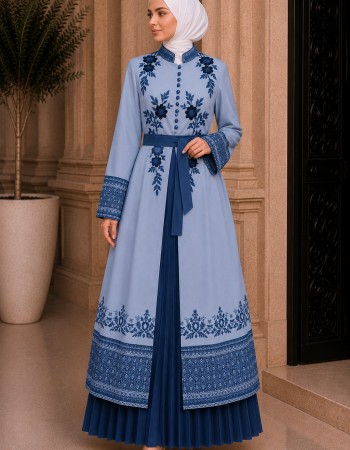 Luxurious Two-Piece Pleated Kaftan 4127 - blue