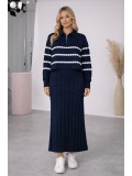 Elegant Women's Two-Piece Knit Dress with Striped Top 4207  - deep blue