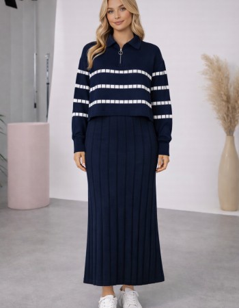 Elegant Women's Two-Piece Knit Dress with Striped Top 4207  - deep blue