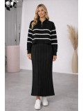 Elegant Women's Two-Piece Knit Dress with Striped Top 4207  - black