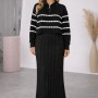 Elegantes zweiteiliges Damen-Strickkleid mit gestreiftem Oberteil 4207  - Schwarz