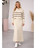 Elegant Women's Two-Piece Knit Dress with Striped Top 4207  - ecru