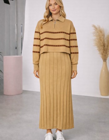 Elegant Women's Two-Piece Knit Dress with Striped Top 4207  - ivory