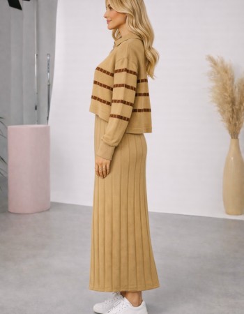 Elegant Women's Two-Piece Knit Dress with Striped Top 4207  - ivory