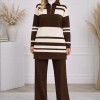 Women's Modern Two-Piece Striped Knitwear Set with Zip Collar 4209  - light brown