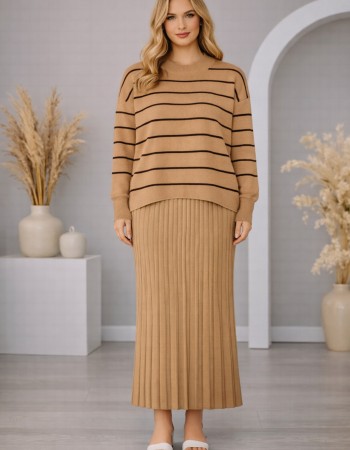 Elegant Women's Two-Piece Striped Knit Dress Set 4210  - ivory