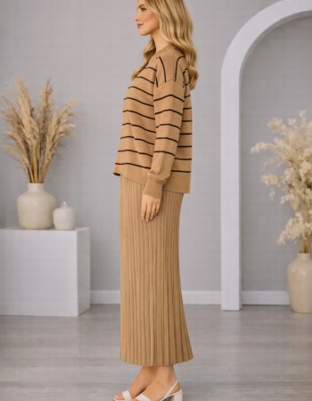 Elegant Women's Two-Piece Striped Knit Dress Set 4210  - ivory