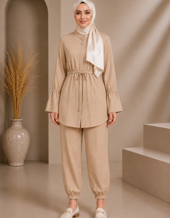 4303 كتان مخطط قصير - beige