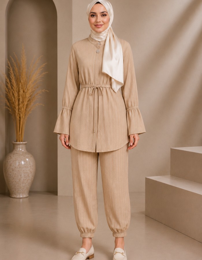 4303 كتان مخطط قصير - Beige
