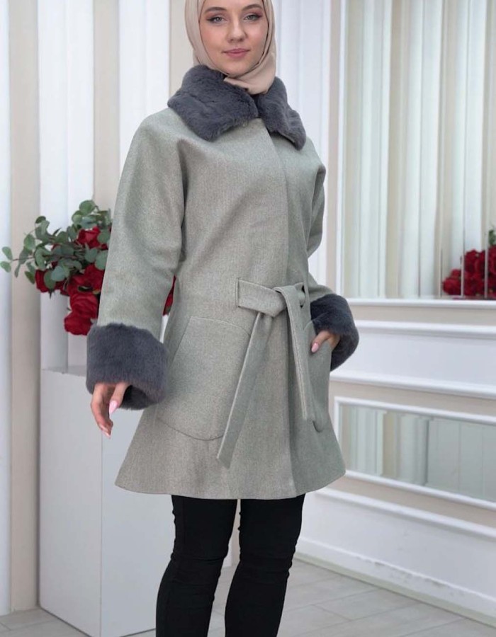WOMENS FURNITURE SHORT COAT WITH FURNITURE Collar and Cuffs 1335 - gray