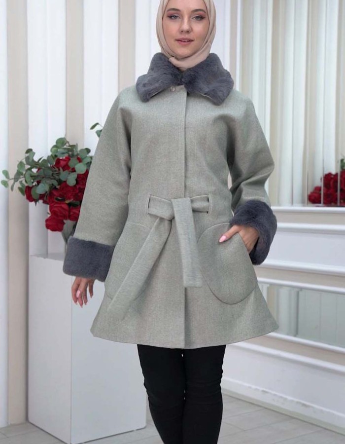 WOMENS FURNITURE SHORT COAT WITH FURNITURE Collar and Cuffs 1335 - gray
