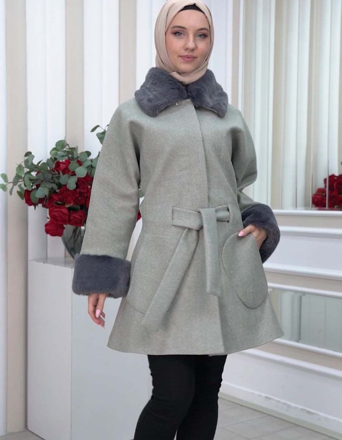 WOMENS FURNITURE SHORT COAT WITH FURNITURE Collar and Cuffs 1335 - gray